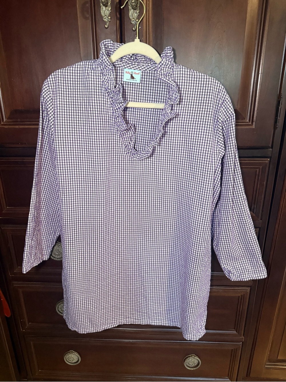 Haley and the Hound purple gingham ruffle neck top large